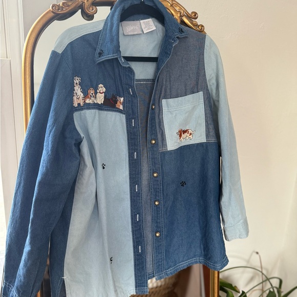 Blair Tops - Denim Embroidered Dog Shirt